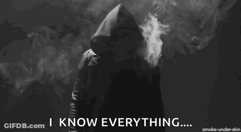 A Person In A Hooded Jacket Is Smoking A Cigarette And Says I Know Everything GIF