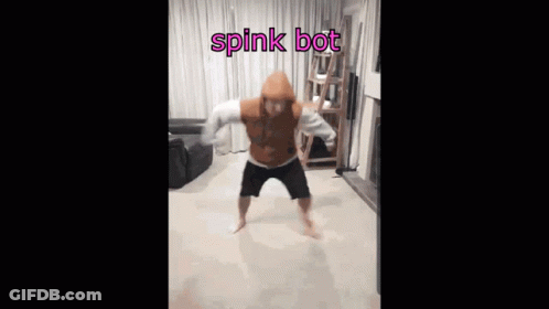 A Person In A Hoodie Is Dancing In A Living Room With The Words Spink Bot Above Them GIF