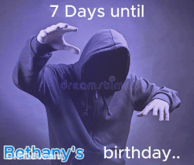 A Person In A Hoodie With The Words 7 Days Until Bethany 'S Birthday Written On It GIF
