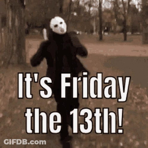 A Person In A Jason Voorhees Costume Is Running In A Park With The Words It 'S Friday The 13Th GIF