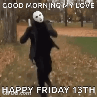 A Person In A Jason Voorhees Costume Is Running Through A Park . GIF