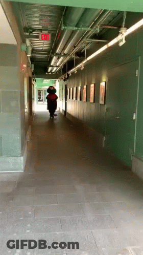 A Person In A Mascot Costume Walking Down A Hallway With An Exit Sign Above Them GIF