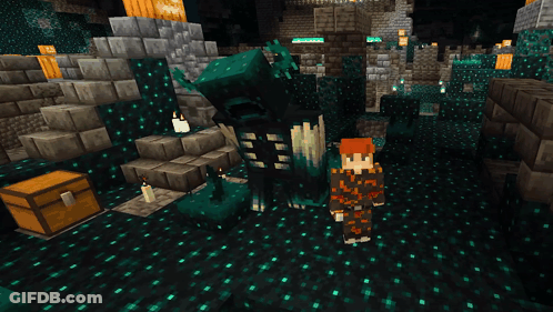 A Person In A Minecraft Video Game Standing Next To A Monster GIF