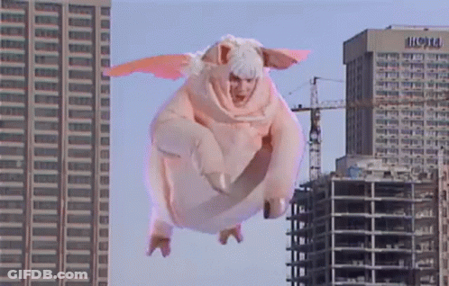 A Person In A Pig Costume Is Flying In The Air GIF