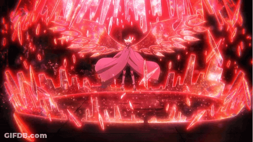A Person In A Pink Cape Stands In Front Of A Circle Of Red Fire GIF