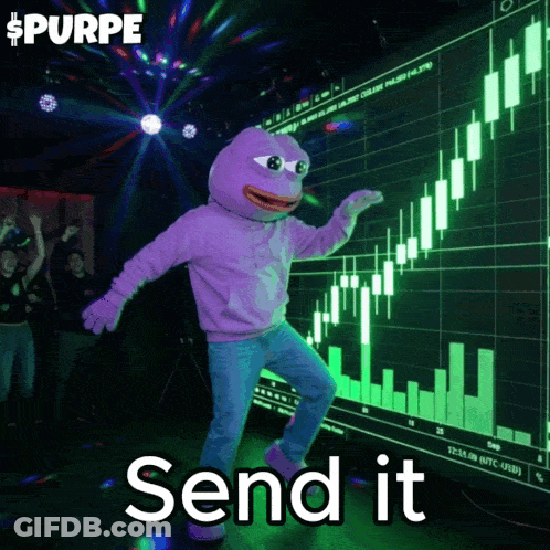 A Person In A Purple Frog Costume Is Dancing In Front Of A Screen That Says Send It GIF