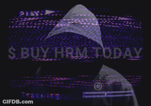 A Person In A Purple Hoodie With The Words Buy Hrm Today Behind Them GIF