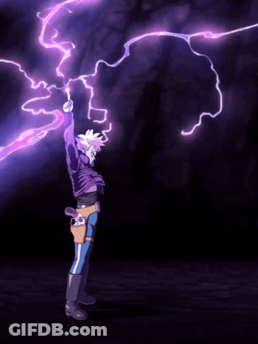 A Person In A Purple Jacket Is Holding Up A Lightning Bolt GIF