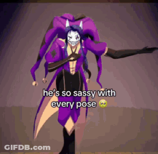 A Person In A Purple Outfit Is Laying On Their Back With The Words He 'S So Sassy With Every Pose Above Them GIF