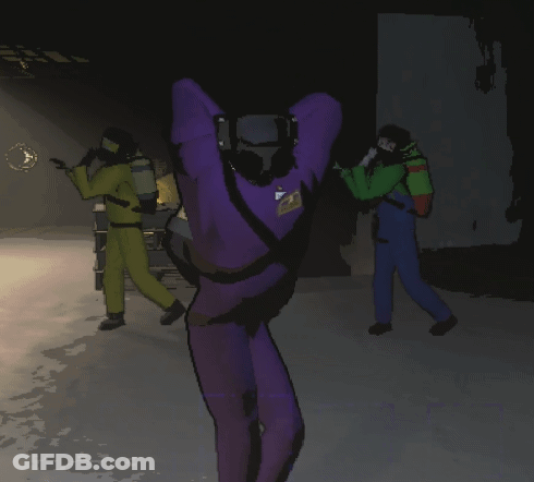 A Person In A Purple Suit Has A Badge On Their Back That Says ' A ' GIF