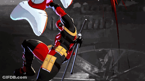 A Person In A Red And White Outfit Is Holding A Sword In A Video Game GIF