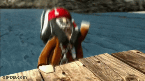 A Person In A Red Helmet Is Standing On A Wooden Dock Near The Water GIF