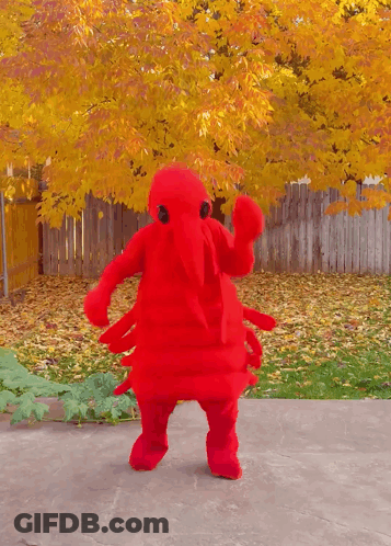 A Person In A Red Lobster Costume Is Dancing In Front Of A Fence GIF