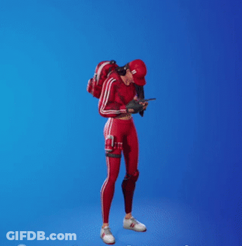 A Person In A Red Outfit Is Holding A Gun With A Strawberry Cake Coming Out Of Their Head GIF