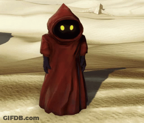 A Person In A Red Robe With A Black Head And Yellow Eyes GIF