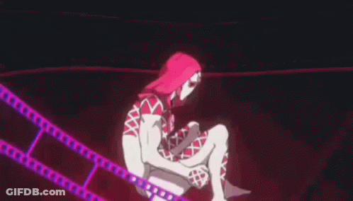 A Person In A Red Shirt Is Holding A Sword In A Purple Light . GIF