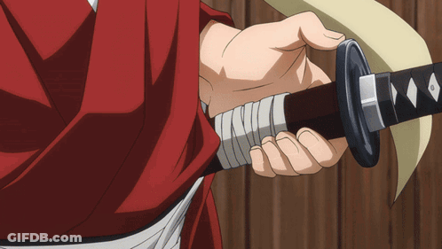 A Person In A Red Shirt Is Holding A Sword In Their Right Hand GIF