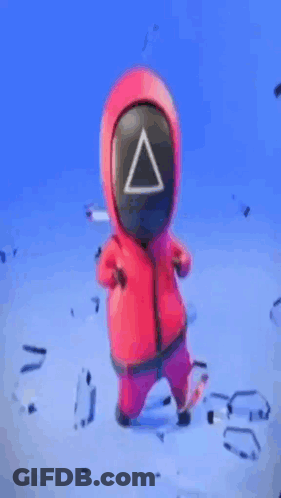 A Person In A Red Suit With A Triangle On Their Face Is Standing On A Blue Background . GIF