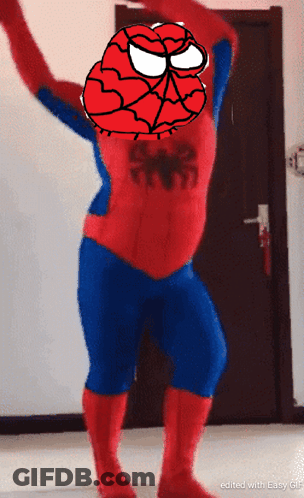 A Person In A Spiderman Costume Is Dancing In Front Of A Door With The Words Edited With Easy Gif At The Bottom GIF