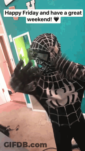A Person In A Spiderman Costume Says " Happy Friday And Have A Great Weekend ! " GIF