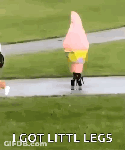 A Person In A Spongebob Costume Is Walking Down A Path With The Words " I Got Littl Legs " Below Them . GIF