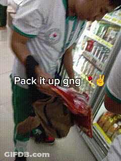 A Person In A Store With The Words Pack It Up Gng On It GIF
