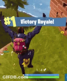 A Person In A Video Game Is Holding Up A Sign That Says # 1 Victory Royale GIF