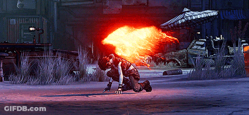 A Person In A Video Game Is Kneeling Down With Fire Coming Out Of Their Chest GIF