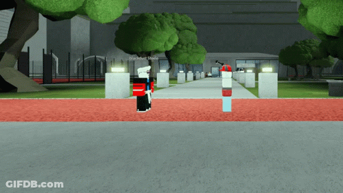 A Person In A Video Game Is Standing In Front Of A Building With Trees And A Sign That Says " Blackhat Static " GIF