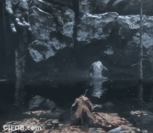 A Person In A Video Game Is Standing In The Water With A Sword GIF