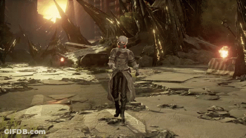A Person In A Video Game Is Standing On A Rocky Area GIF