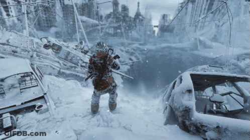 A Person In A Video Game Is Walking Through A Snowy Area With A Car In The Background GIF