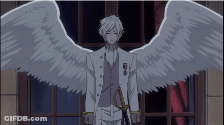 A Person In A White Suit With Wings Standing In Front Of A Window GIF