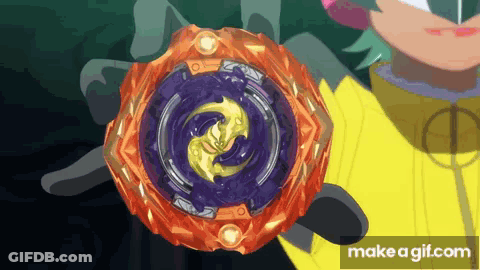 A Person In A Yellow Shirt Is Holding A Spinning Top That Says Make A Gif.com On It GIF
