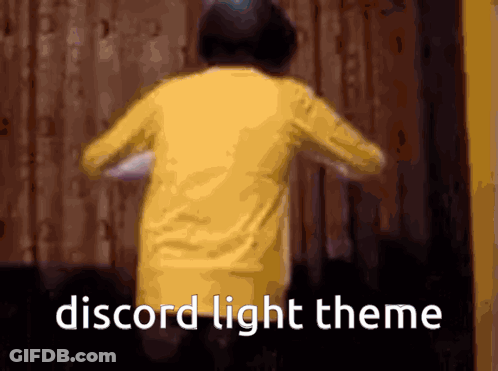 A Person In A Yellow Shirt Is Jumping In The Air With The Words Discord Light Theme Behind Them GIF