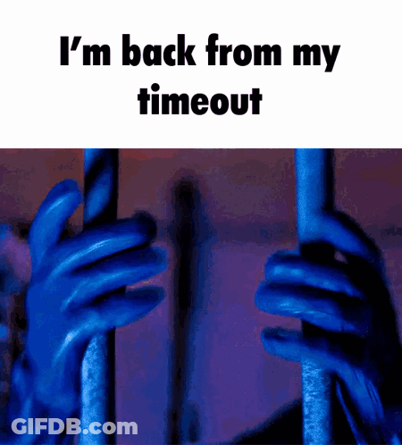 A Person In Blue Gloves Holding A Pole With The Words I 'M Back From My Timeout On The Bottom GIF