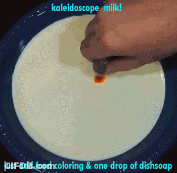 A Person Is Adding Food Coloring To A Bowl Of Milk With The Words Kaleidoscope Milkd Just Add Food Coloring & One Drop O GIF