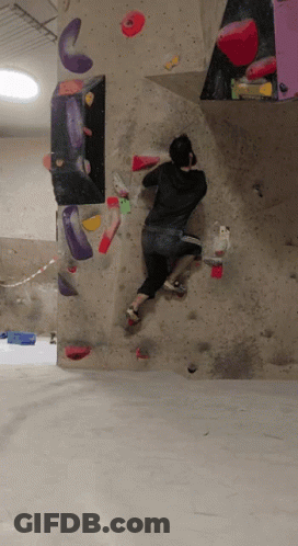A Person Is Climbing Up A Climbing Wall With A Lot Of Holds GIF