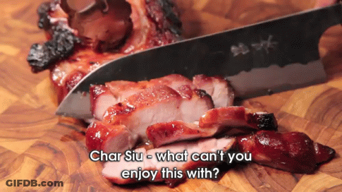 A Person Is Cutting A Piece Of Meat With The Words Char Siu What Can T You Enjoy This With GIF