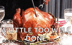 A Person Is Cutting A Turkey On A Plate With The Words A Little Too Well Done Above It . GIF