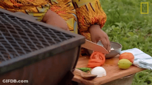 A Person Is Cutting Tomatoes On A Cutting Board Outside GIF