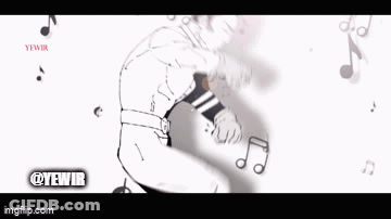 A Person Is Dancing In Front Of A White Background With Music Notes And The Word Yewir On The Bottom . GIF