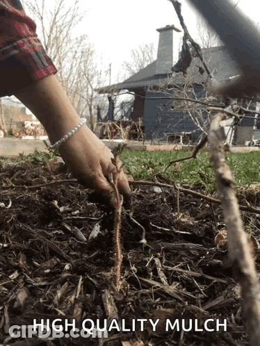 A Person Is Digging In A Pile Of Mulch Which Says High Quality Mulch GIF