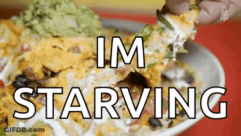 A Person Is Dipping A Nacho Into Guacamole With The Words Im Starving Below It GIF