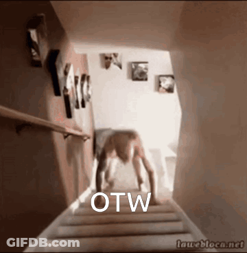 A Person Is Doing A Handstand On A Set Of Stairs With The Word Otw On The Bottom GIF
