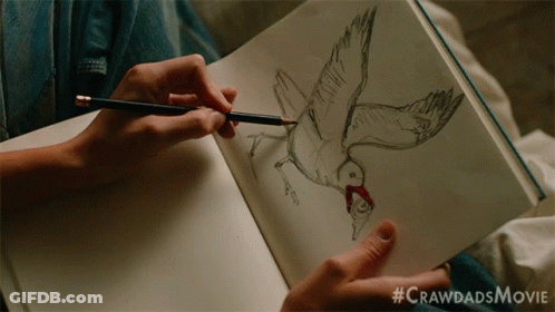 A Person Is Drawing A Bird In A Notebook With #Crawdadsmovie Written Below It GIF