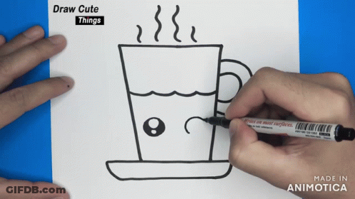 A Person Is Drawing A Cup Of Coffee With A Marker That Says " Made In Animatica " GIF