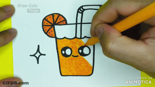 A Person Is Drawing A Cup Of Orange Juice With A Face GIF