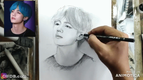 A Person Is Drawing A Picture Of A Man With Blue Hair Using A Marker GIF
