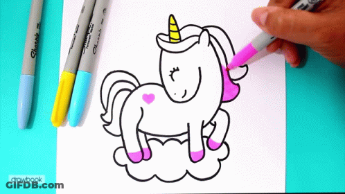 A Person Is Drawing A Unicorn On A Cloud With A Pink Marker GIF
